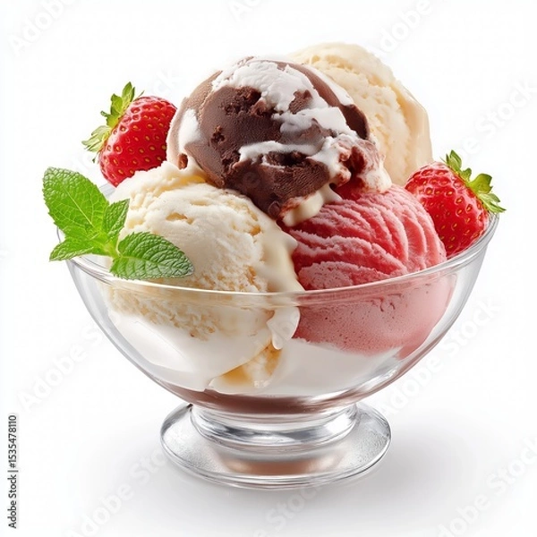 Obraz Ice cream sundae in a glass bowl, with scoops of vanilla, chocolate, and strawberry ice cream, isolated on white background.