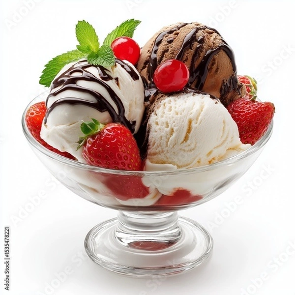Obraz Ice cream sundae in a glass bowl, with scoops of vanilla, chocolate, and strawberry ice cream, isolated on white background.