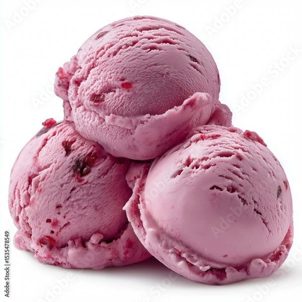 Obraz Three scoops of raspberry frozen sweet ice cream isolated on white background.