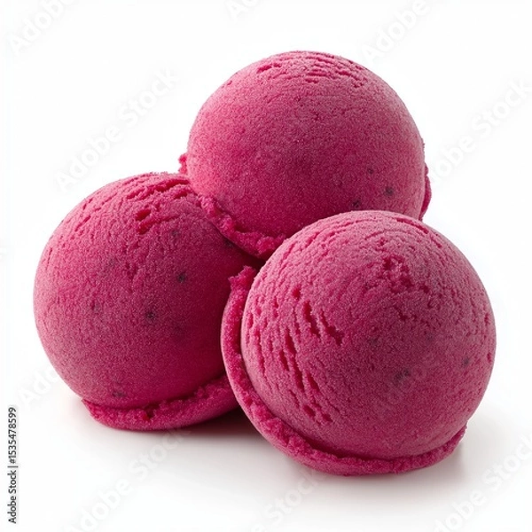Obraz Three scoops of raspberry frozen sweet ice cream isolated on white background.
