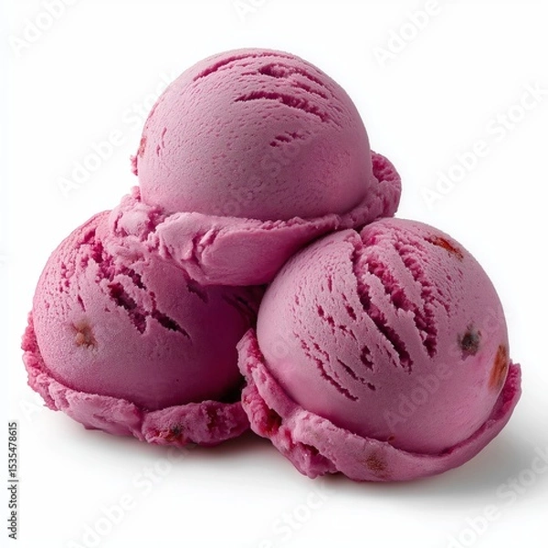 Obraz Three scoops of raspberry frozen sweet ice cream isolated on white background.