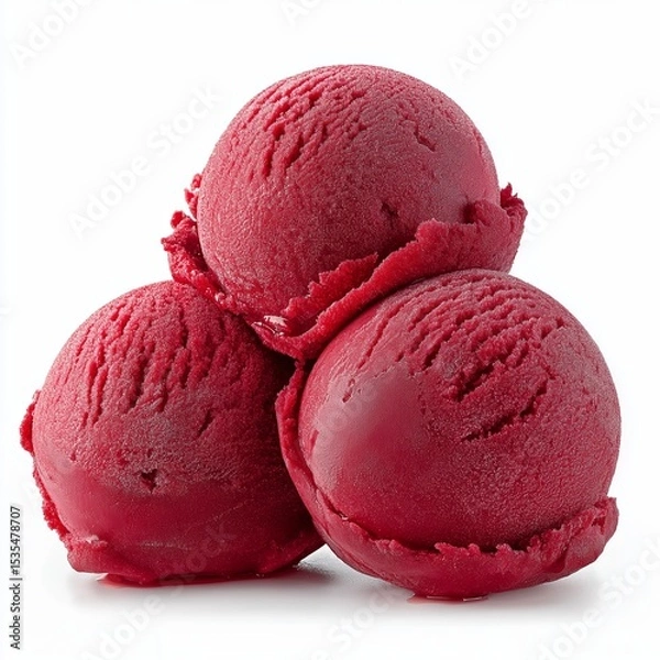 Obraz Three scoops of raspberry frozen sweet ice cream isolated on white background.