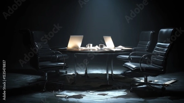 Obraz A secret meeting room for a mastermind group, with laptops on a table under a spotlight