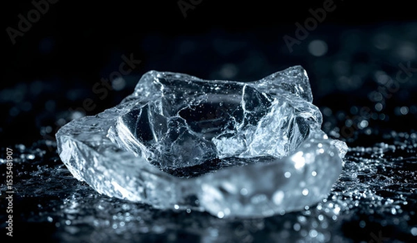 Fototapeta broken in a pure transparent crushed ice with cracks on a black background 