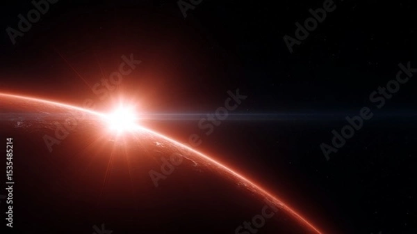 Fototapeta A stunning view of a glowing planet at sunrise. The bright light creates a warm and inviting atmosphere. Perfect for science fiction themes. This image captures cosmic beauty. AI