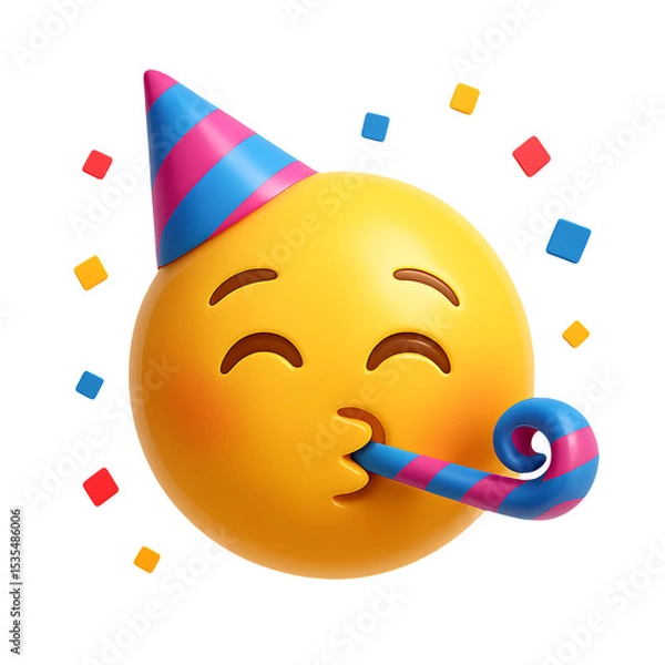 Fototapeta 3d party face emoji with confetti and blower isolated on transparent background png