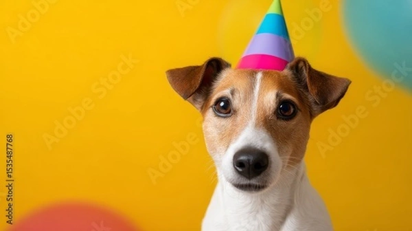 Fototapeta A happy dog wearing a colorful party hat against a bright yellow backdrop. This playful image captures the joy of celebration. Perfect for pet enthusiasts and festive occasions. AI