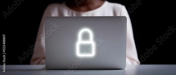 Obraz Secure laptop with glowing lock symbol in dark setting