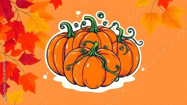 Fototapeta A drawing of four pumpkins with stems and leaves in the background. The pumpkins are orange and appear to be in a fall scene