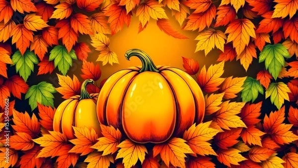 Fototapeta A pumpkin and two pumpkins are on a leafy background. The pumpkin is surrounded by leaves and is the main focus of the image
