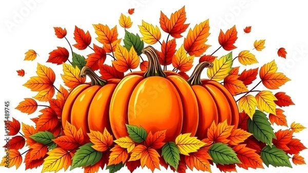 Fototapeta A close up of three pumpkins and a bunch of leaves. The pumpkins are orange and the leaves are yellow. The image has a warm and cozy feeling, as if it were a fall scene