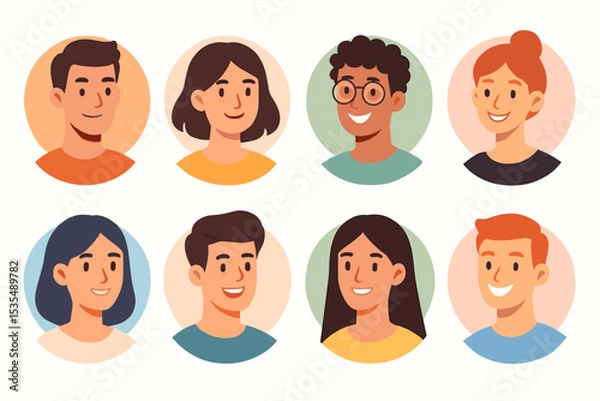 Fototapeta Diverse people avatar collection. Set of user portraits, modern flat cartoon character icons for web, social media. Smiling men and women faces for a business team or community.