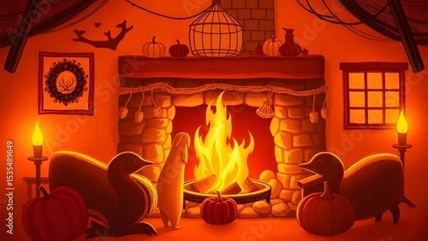 Fototapeta A cartoonish drawing of a fireplace with a wreath on the mantle