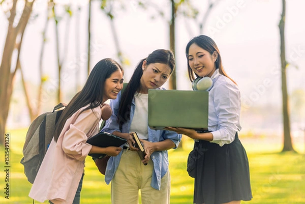 Obraz Group of Asian college students standing on green grass and discussing with laptop and books. Concept of teamwork, education, and outdoor learning in a natural environment.