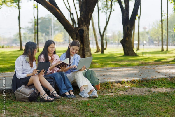 Obraz Three Asian university students sitting outdoors on campus using laptop, tablet, and books. Concept of teamwork, education, friendship, and digital learning in a natural setting.