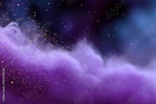 Obraz Purple and blue foggy galaxy with sprinkled glitter and bokeh dark upper area