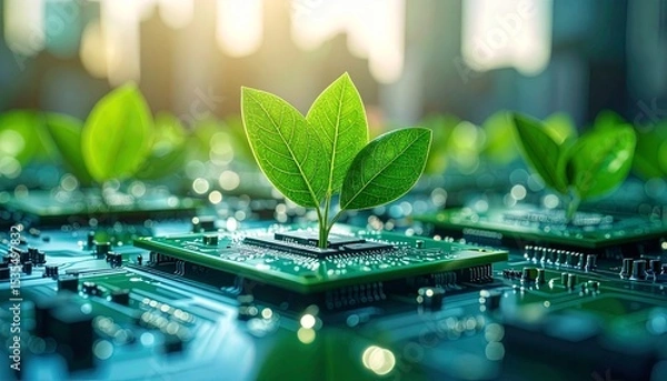 Obraz E-waste recycling circuit gadgets recovery concept. Futuristic plants growing on a circuit board background.