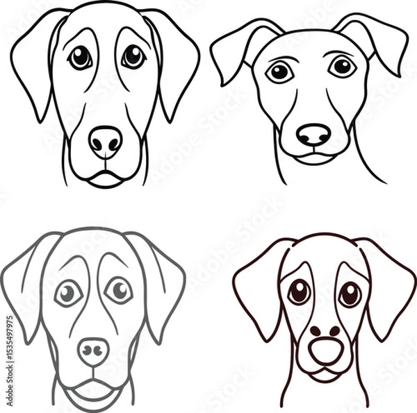 Fototapeta Four dog head outlines in black and gray, with different breeds and facial expressions shown clearly