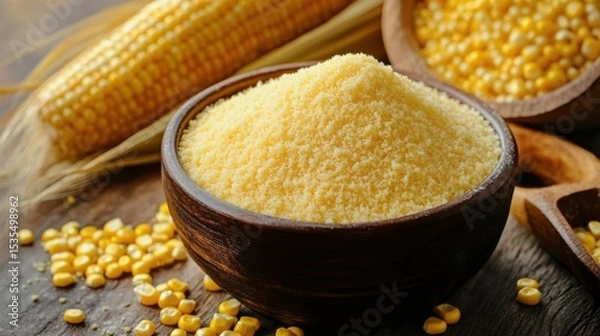 Obraz A bowl filled with corn starch accompanied by fresh corn cobs and kernels