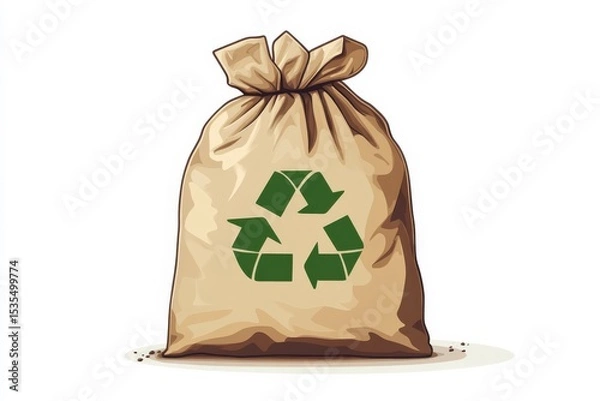 Obraz A cartoon flat icon of a compost bag with a green recycling symbol, symbolizing eco-friendly waste disposal and environmental consciousness
