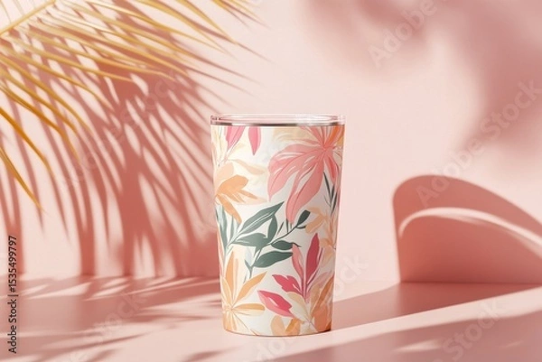 Obraz A 3D-rendered mockup of a tumbler with an abstract, soft pink and green botanical pattern, symbolizing custom drinkware and tropical aesthetics