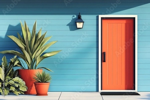 Obraz A contemporary house facade featuring a vibrant orange front door against a blue siding, symbolizing modern home design and welcoming curb appeal