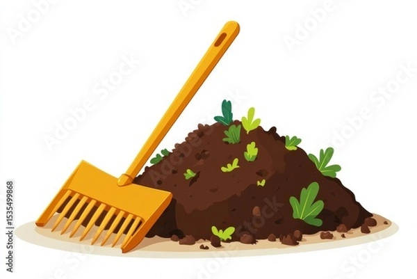 Obraz A yellow garden rake leaning against a pile of dark compost with green sprouts, symbolizing gardening, organic farming, and environmental care