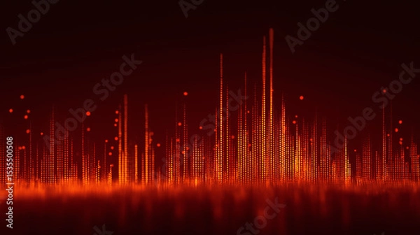 Obraz Warm red orange digital background with pixel block pattern glowing in dark, creating vibrant and dynamic abstract design with bright light effects and vertical lines