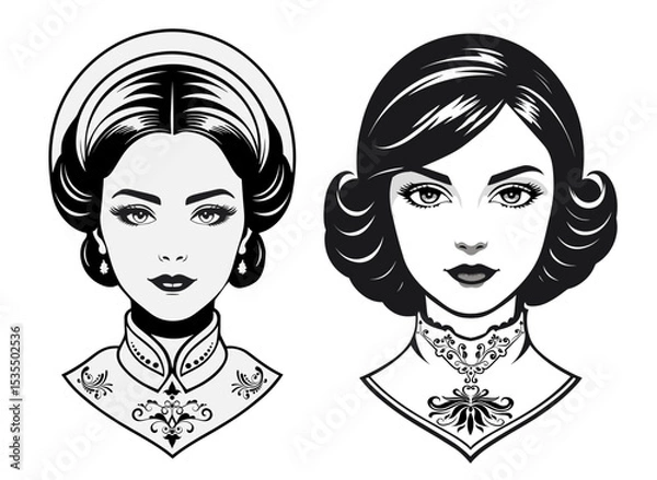 Fototapeta Set of Edwardian hairstyle with voluminous updo bonnet and chin length with curled hair tips. Intricate collar embroidery. 1900s hairstyle and fashion.