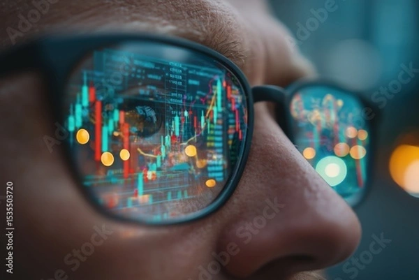 Obraz Stock market data and candlestick charts reflected in the glasses of a financial trader.