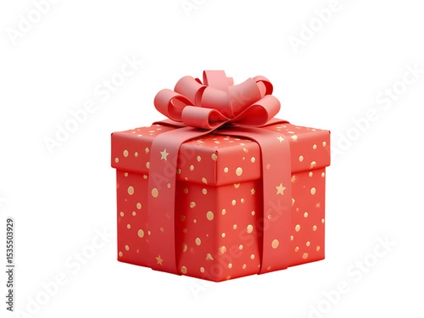 Fototapeta Red Gift Box with Gold Dots and Stars Wrapped with a Red Ribbon Bow Isolated on a transparent background