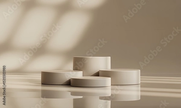 Fototapeta Minimalist Beige Cylindrical Podiums for Product Display in Studio Setting with Soft Shadows and Neutral Background for Cosmetic and Skincare Promotion Platform