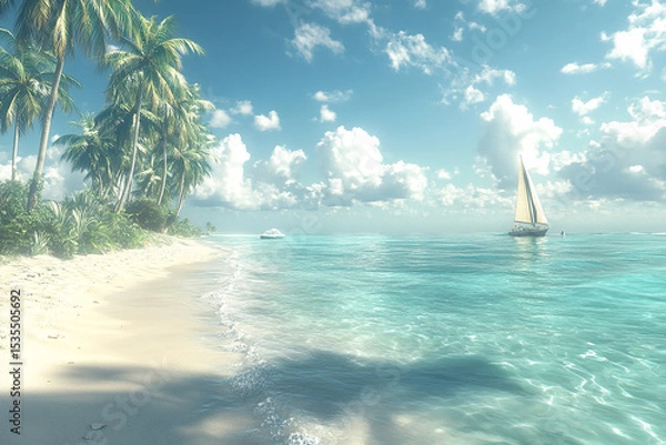 Obraz A tropical beach with palm trees and a sailboat on a sunny cloudy day