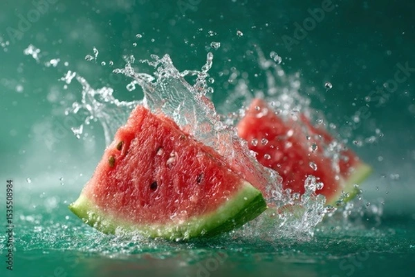 Fototapeta Two watermelon slices get splashed with water