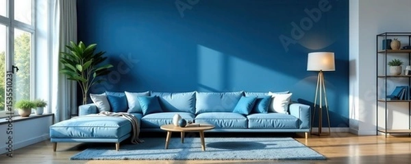Obraz Stylish blue-accented living room, minimalist design, AC visible, horizontal banner , home decor, ventilation
