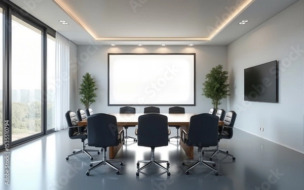 Obraz Spacious, modern conference room featuring sleek lines, bright lighting, and minimalist design elements, creating professional. High quality