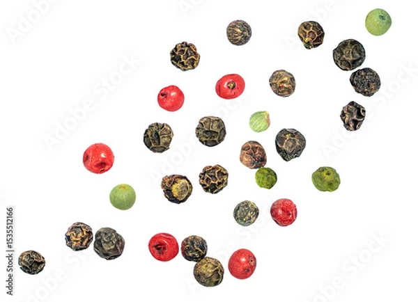 Obraz Levitating Pepper mix isolated on white. Flying Black, red and white peppercorns.  Explosion. Top view. Flat lay. Pattern 