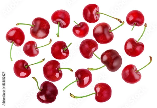 Obraz Levitating Red Cherries isolated on white. Flying sweet cherry.  Explosion. Top view. Flat lay. Pattern 