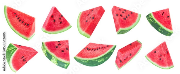 Obraz Levitating Watermelon pieces isolated on white. Flying Cutted watermelon  pieces  explotion. Watermelon fruit collection.  Top view. Flat lay. Pattern 