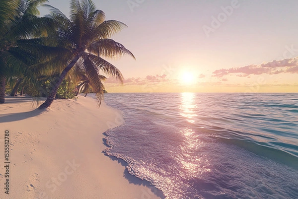 Obraz Palm trees on a sandy beach with ocean waves during a bright orange sunset
