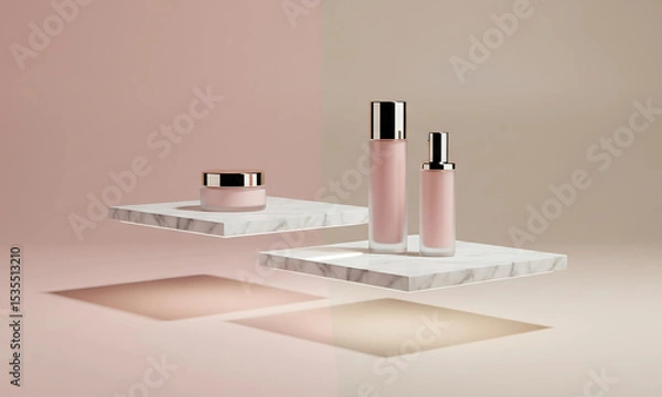 Fototapeta Elegant Skincare & Makeup Products on Marble Platforms in Soft Pastel Tones