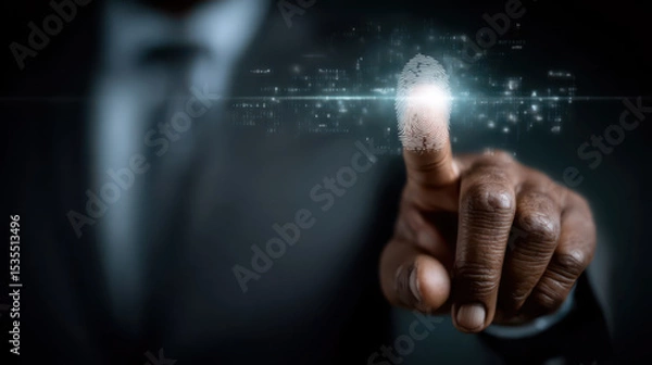 Fototapeta Businessman using fingerprint identification to access personal financial data.