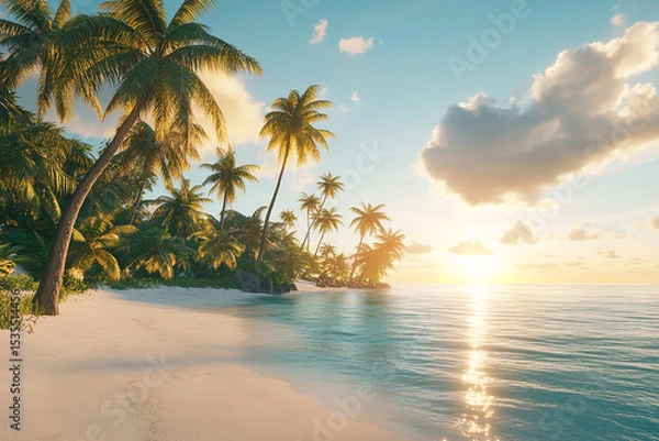 Obraz Tropical beach paradise with palm trees and ocean at sunset idyllic scene