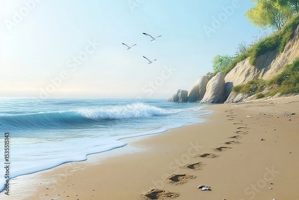 Obraz Beach scene with footprints in the sand, waves, birds and cliffside trees