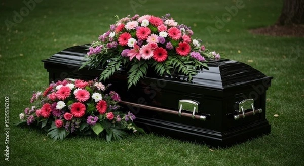 Obraz Caskets flowers. Funeral Casket Adorned with Colorful Flower Arrangement on Lawn