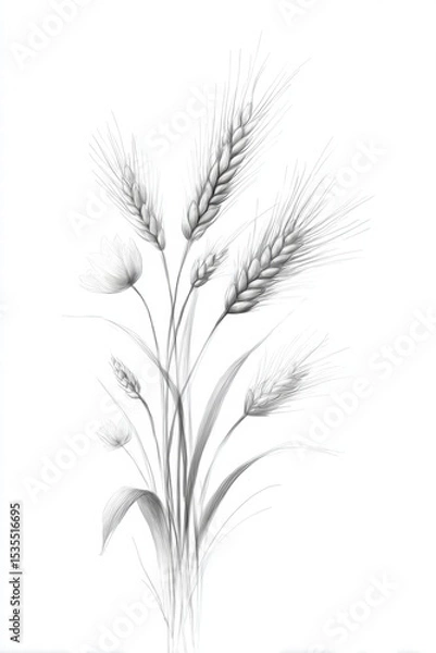 Obraz Elegant Sketch of Wheat Stalks and Flowers against White Background