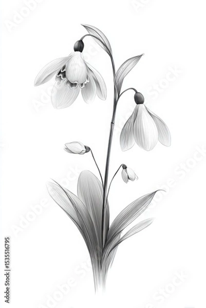 Obraz Elegant Black and White Illustration of Snowdrop Flower Stem