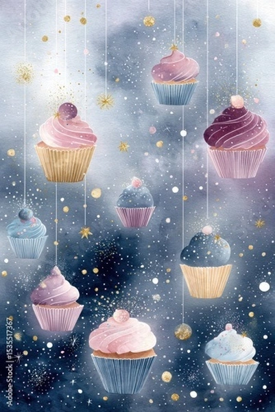 Obraz Colorful Cupcakes with Decorations in a Dreamy Starry Background