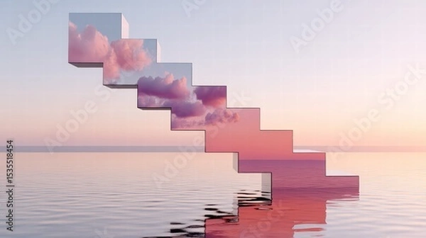 Obraz Abstract Stairs of Reflection in Soft Clouds and Calm Water