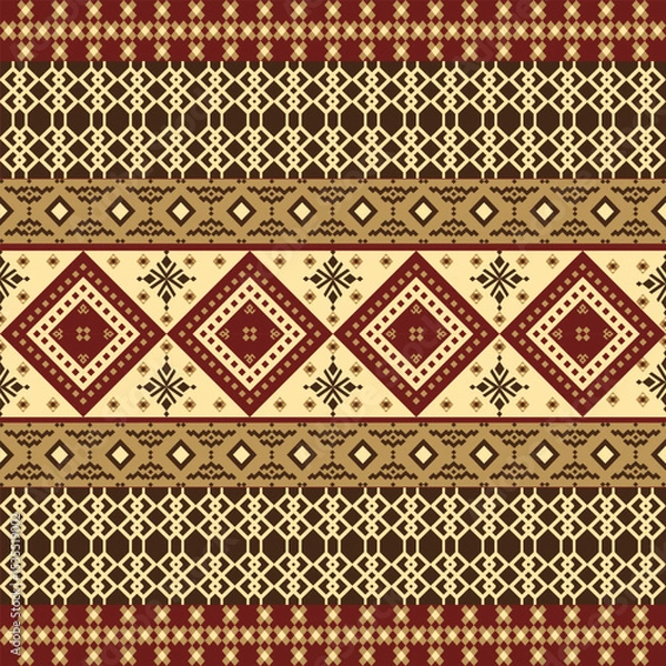 Obraz Authentic ethnic geometric pattern with traditional diamond motifs in warm earth tones. Classic tribal design perfect for textiles, crafts and cultural decor projects.